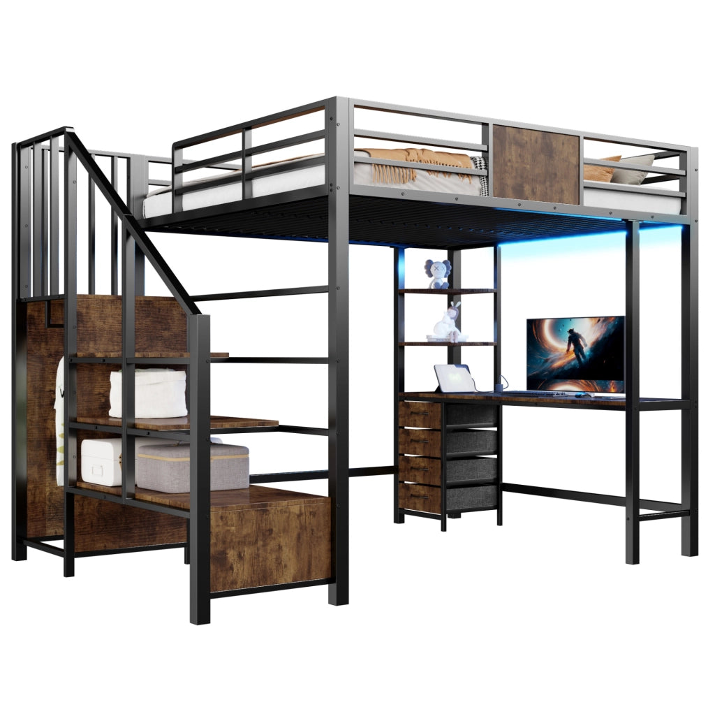 Letto a soppalco 140x200 con scrivania, ripiani, barra appendiabiti, LED e presa