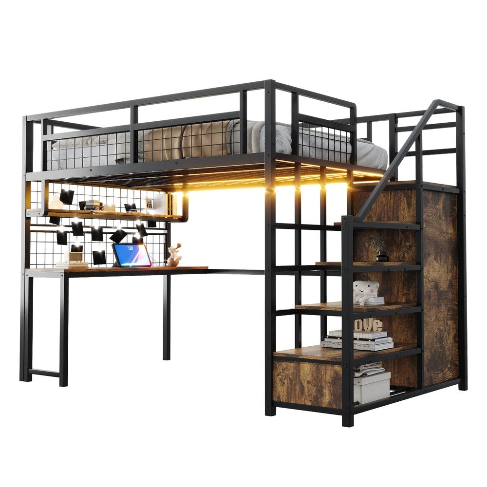 Letto a Soppalco in Metallo con Armadio, Tavolo e LED ¨C MINIMAL ¨C Nero 140x200