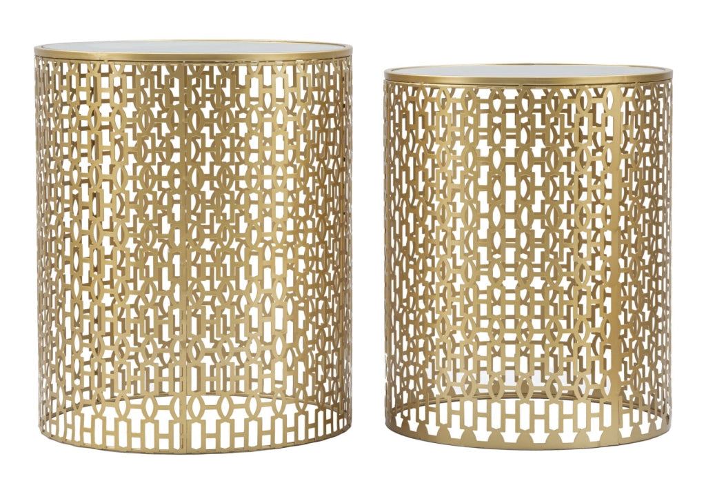 Tavolinetti Coppia Oblin Ø41x50-37,5x47 cm in Ferro MDF e Vetro Oro