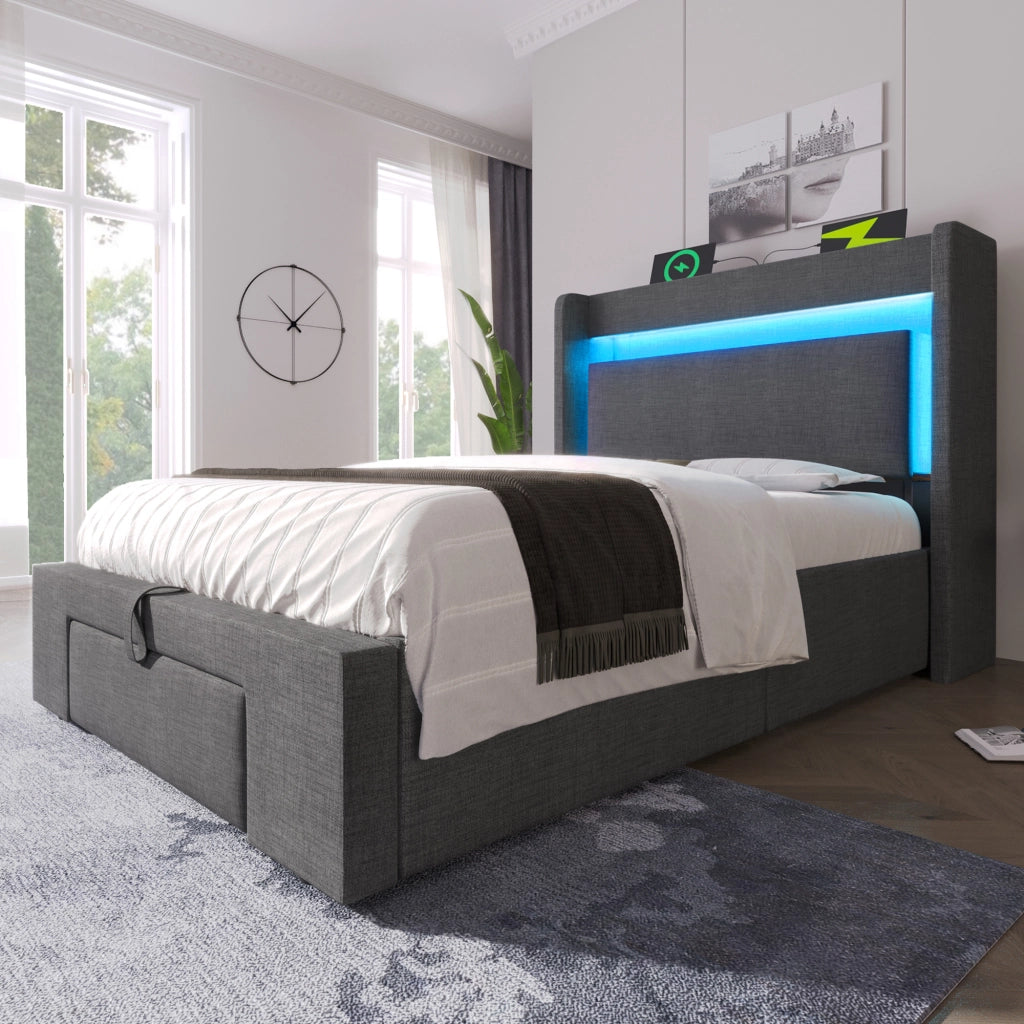 LETTO Contenitore 90x200 cm con materasso incluso, LED, USB e USB-C, Grigio, Lino