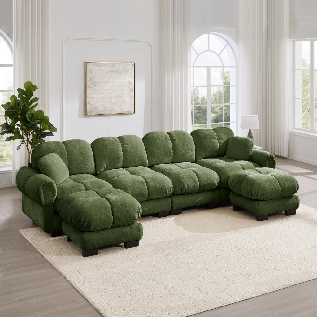 Divano panoramico a U 4 posti in ciniglia con 2 pouf mobili seduta trapuntata e schienale ergonomico verde
