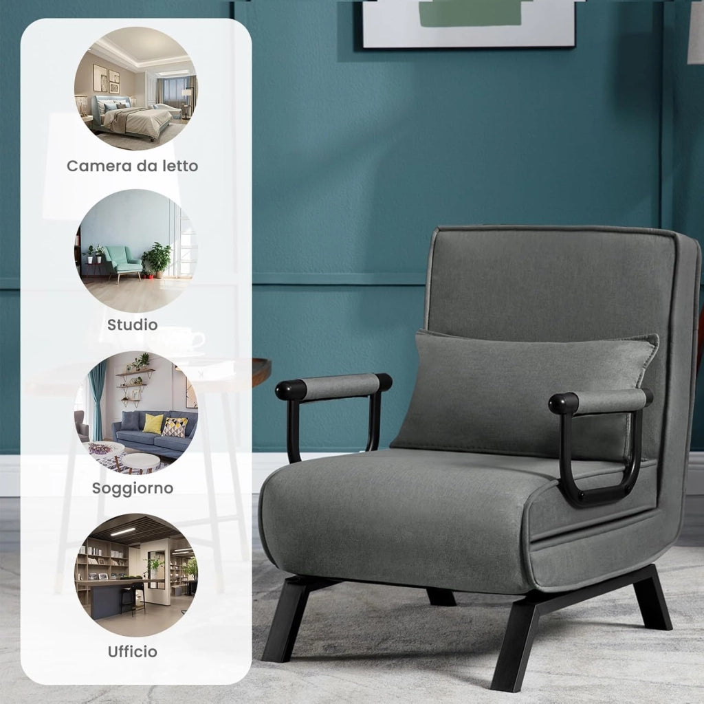 Poltrona Relax Reclinabile Convertibile, Divano Letto Trasformabile 3 in 1, con Schienale Regolabile in 5 Posizioni, Cuscino Rimovibile, Seduta Imbottita, 65 x 75 x 78cm, Grigio Scuro