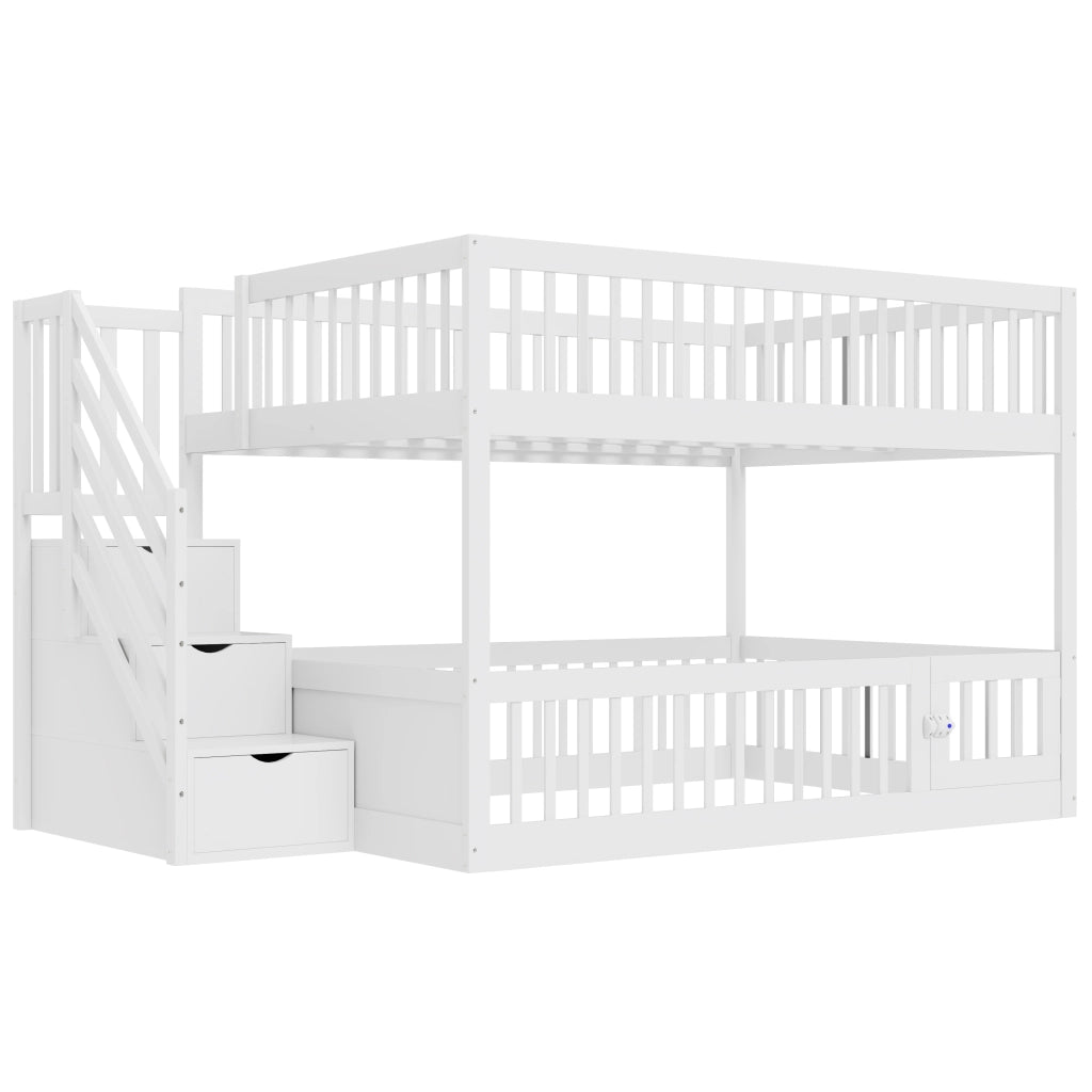 Letto a Castello 140x200 cm; Scale con Cassetti e Porta Apribile; in Legno; Bianco
