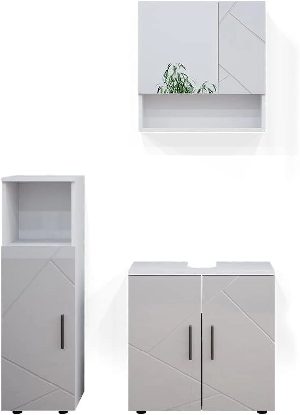 Set mobili bagno Irma, Bianco lucido, 80 cm, composto da mobile sottolavabo, specchiera e mobile medio