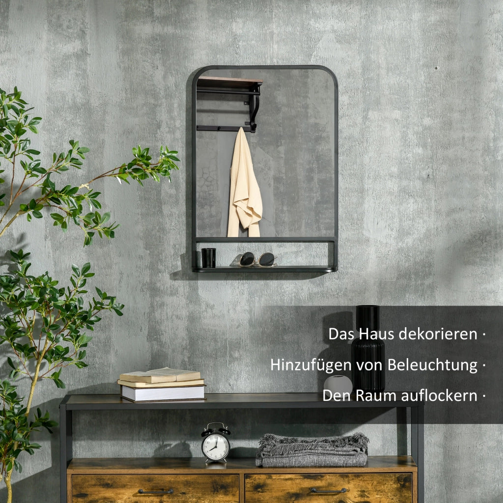 Specchio da parete con mensola 70x50cm, moderno, elegante, rettangolare, nero, per soggiorno e corridoio.