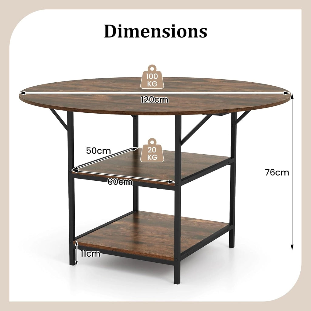 Tavolo da Pranzo Rotondo Ø 120 cm, adatto per 4-6 Persone, con 2 Ripiani, Piano Effetto Legno e Struttura in Metallo, Stile Industriale, Ideale per Cucina e Sala da Pranzo