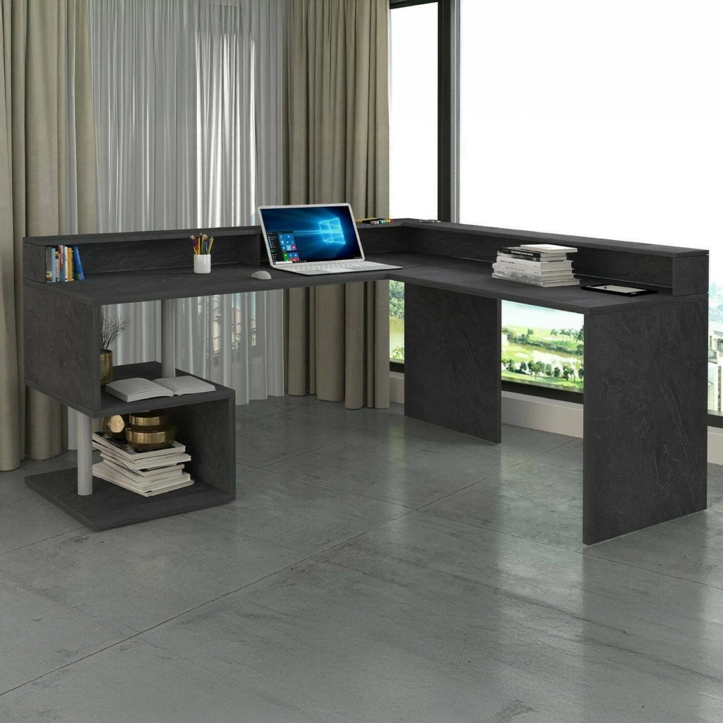 Scrivania Auletta, Scrittoio angolare con ripiani portaoggetti, Scrivania ufficio multiuso con sopralzo, 180x60h93 cm, Ardesia