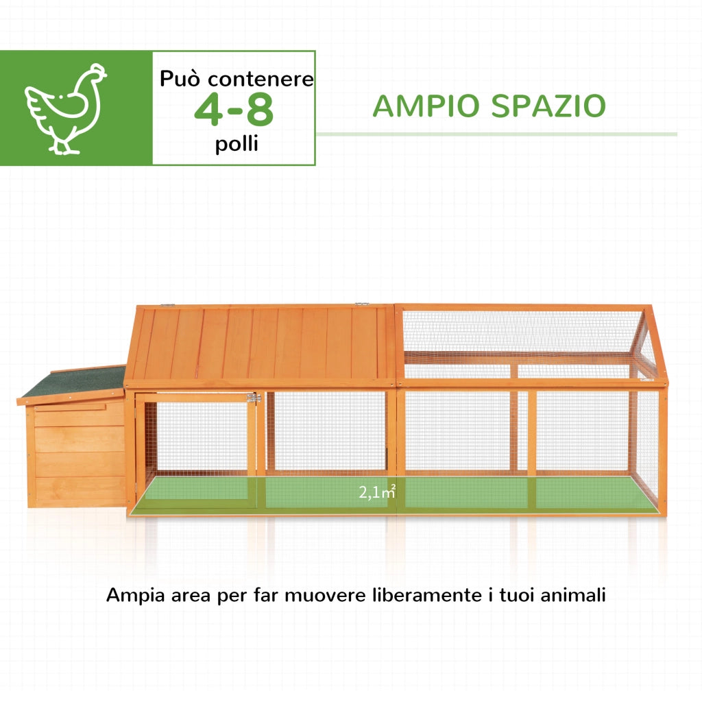 Pollaio da Giardino in Legno con Rete Metallica e Tetto Apribile - Xylo - 240x112.5x76 cm Arancione