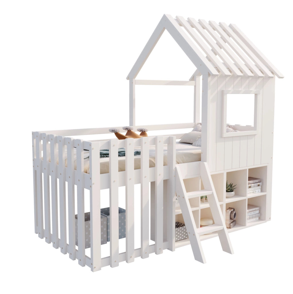 Letto per bambini 90x200 cm con tetto; finestre e vani portaoggetti in legno