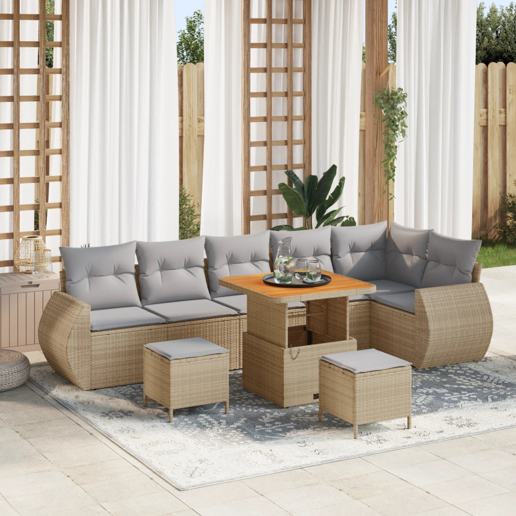 Set di divani da giardino 9 pezzi con cuscini beige in rattan polietilene e acacia