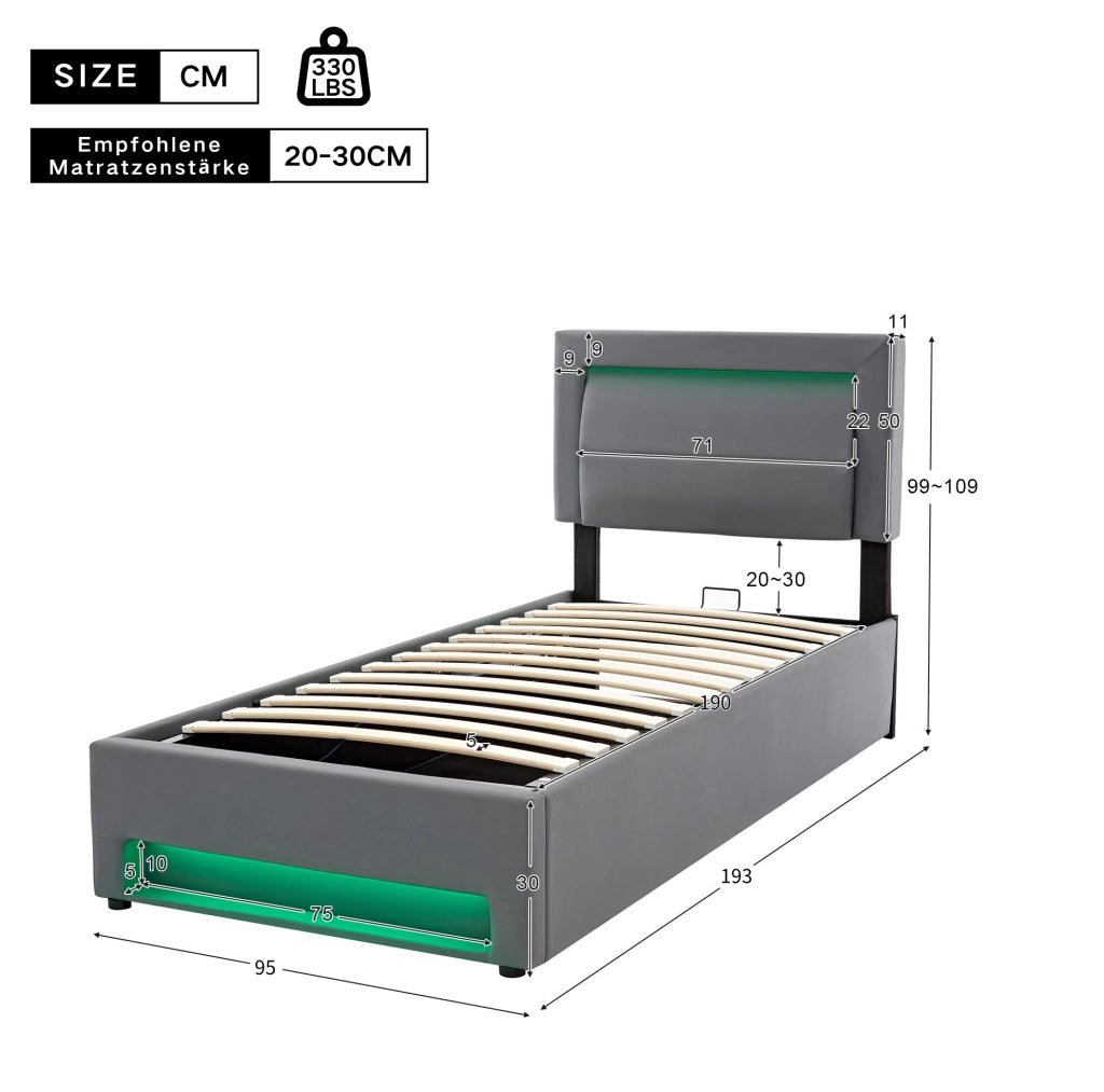 Letto imbottito con LED, ricarica USB e vano contenitore 90 x 190 cm grigio