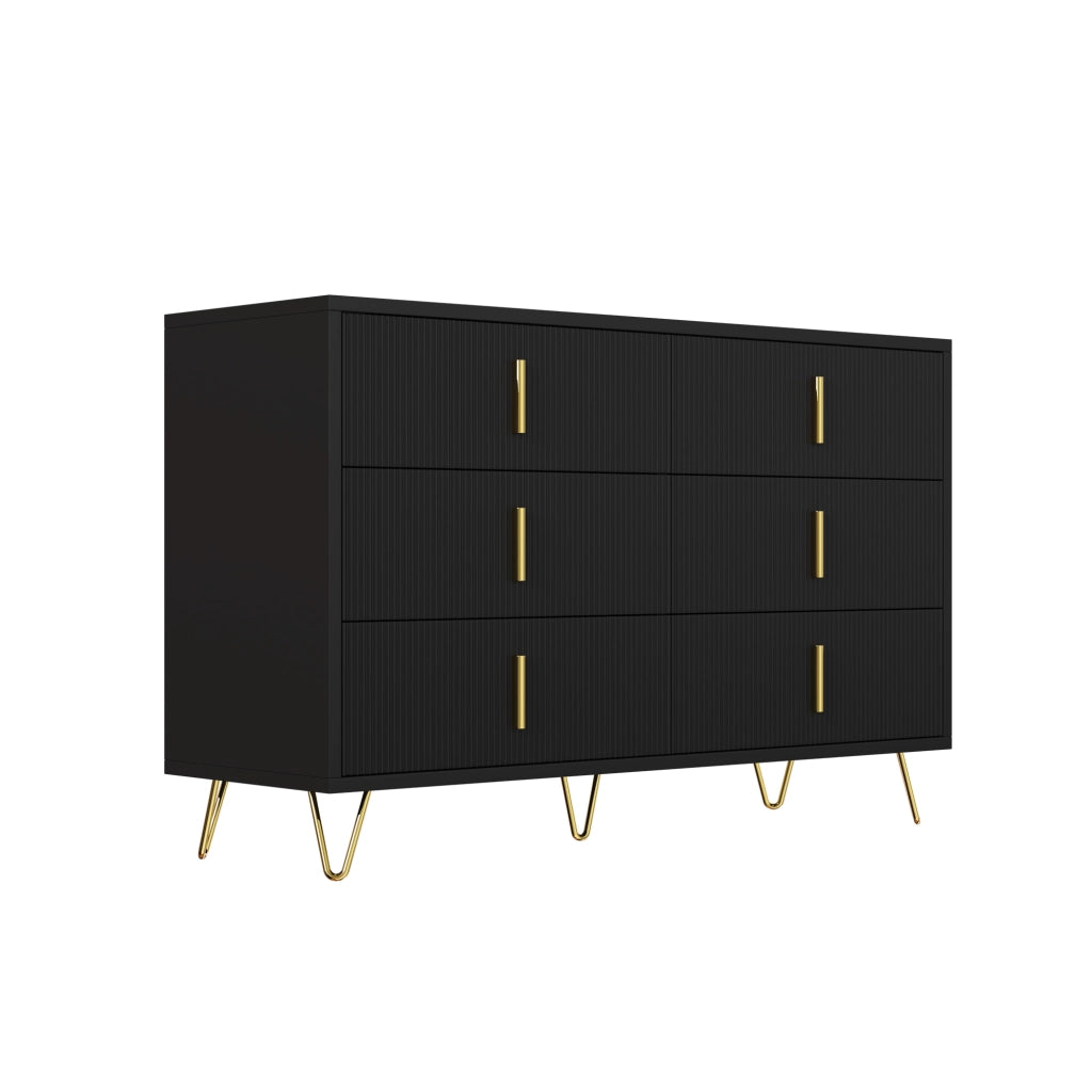 Credenza con 6 Cassetti e Gambe in Metallo; Frontale Ondulato; Stile Moderno; in Pannello Truciolare; 120??40??77 cm; Nero Oro