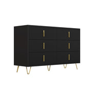 Credenza con 6 Cassetti e Gambe in Metallo; Frontale Ondulato; Stile Moderno; in Pannello Truciolare; 120??40??77 cm; Nero Oro