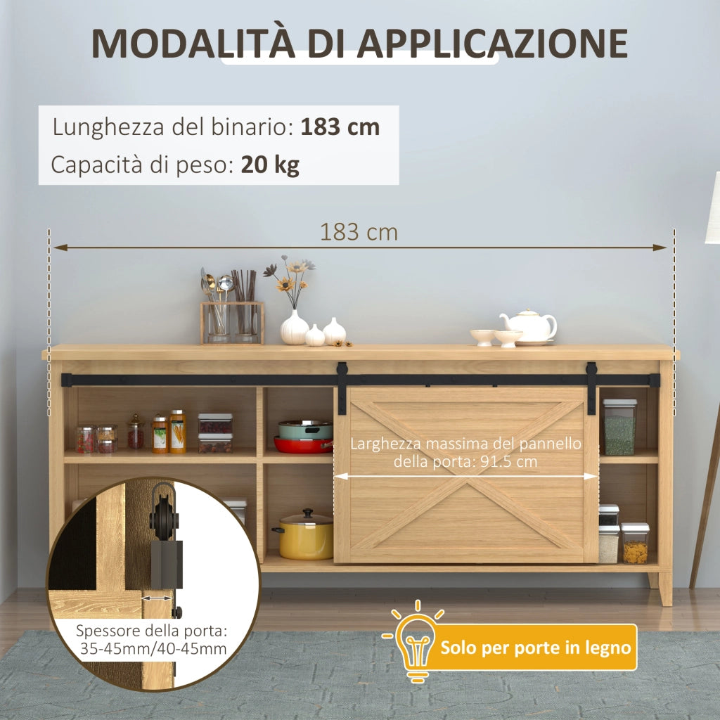 Kit per Porta Scorrevole in Legno con Binario 200cm e Portata 20kg. Nero