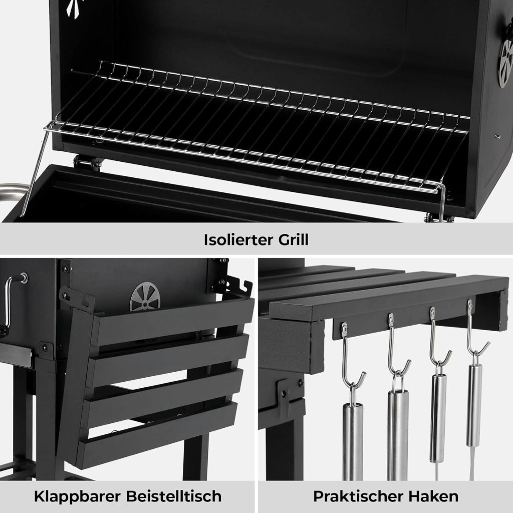 Barbecue Carbonella XL, Barbecue a Carbonella con Coperchio, Griglia per Barbecue con 2PCS Ruote, Termometro, Grande BBQ Smoker con Carrello per Campeggio, Giardino