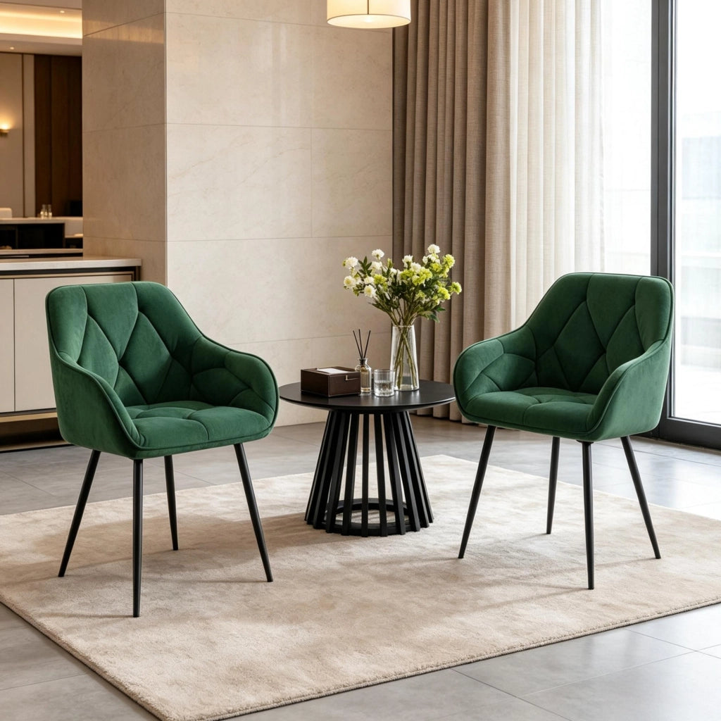 Set di 2 sedie da pranzo in velluto verde scuro con braccioli