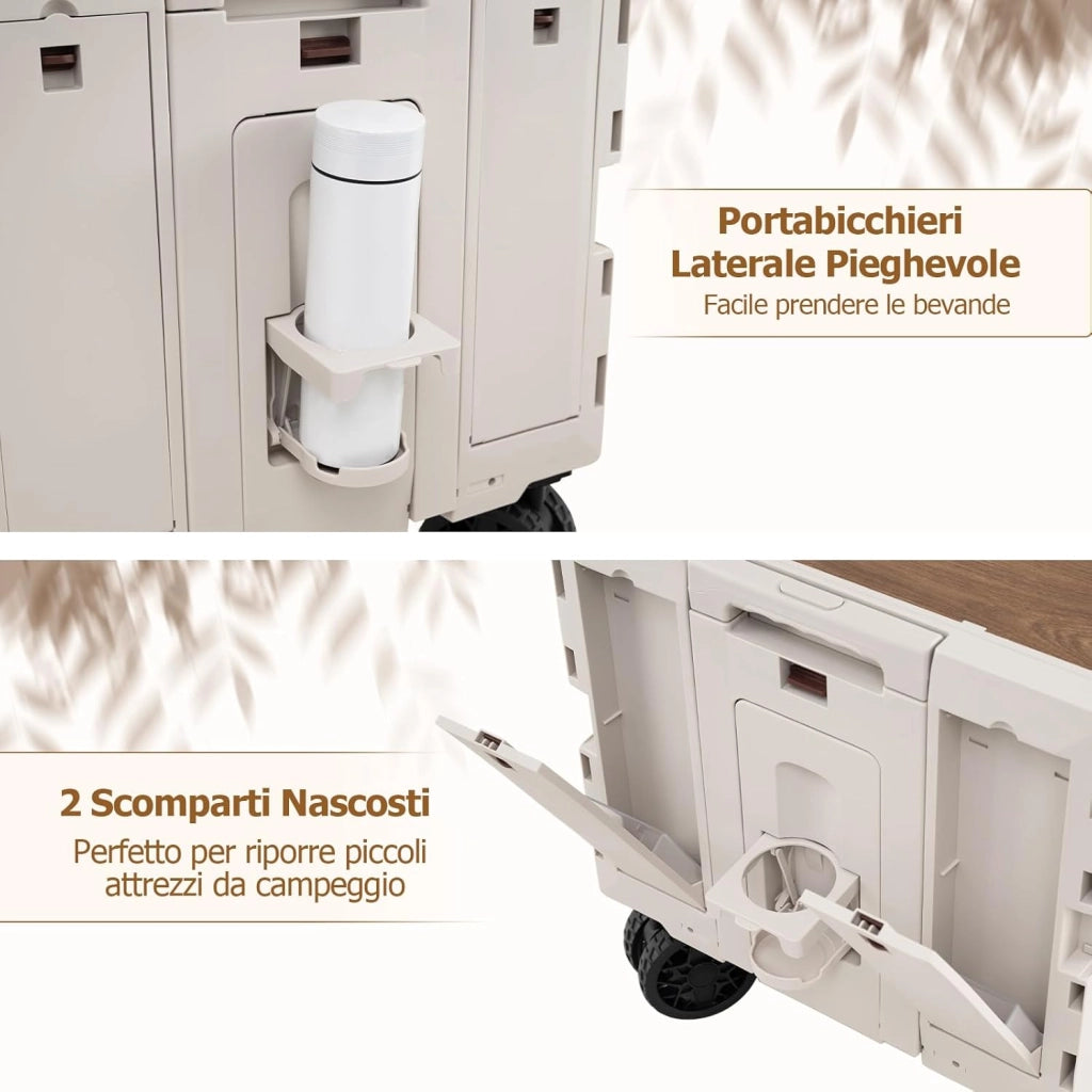 Carrello da Spiaggia Pieghevole 150 L, Carrello con Ruote Portatutto con Armadio a 2 Livelli e Manico Telescopico in Metallo, Carretto Giardino Portatile per Campeggio, Portata 120 kg (Bianco)