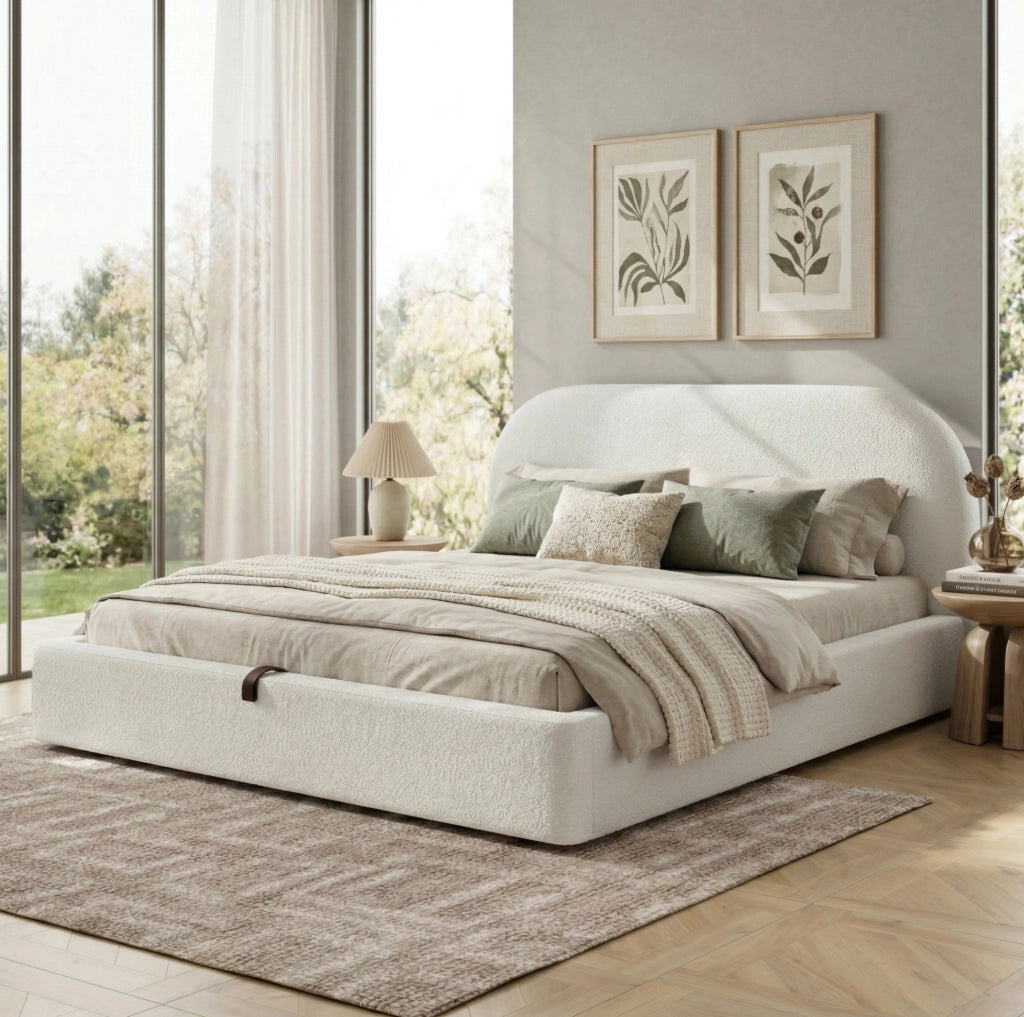 Letto imbottito 160x200 cm con contenitore idraulico e testiera bouclé beige