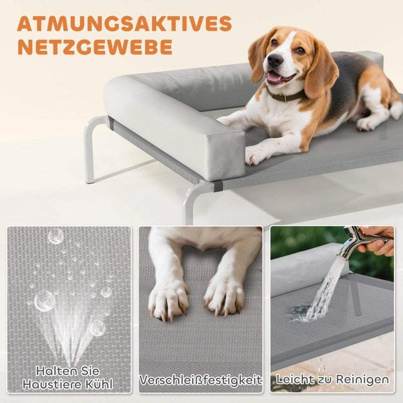 Cuccia da esterno, cuccia rialzata per cani di taglia media, con cuscino a L, 110x75x30 cm, grigio chiaro.