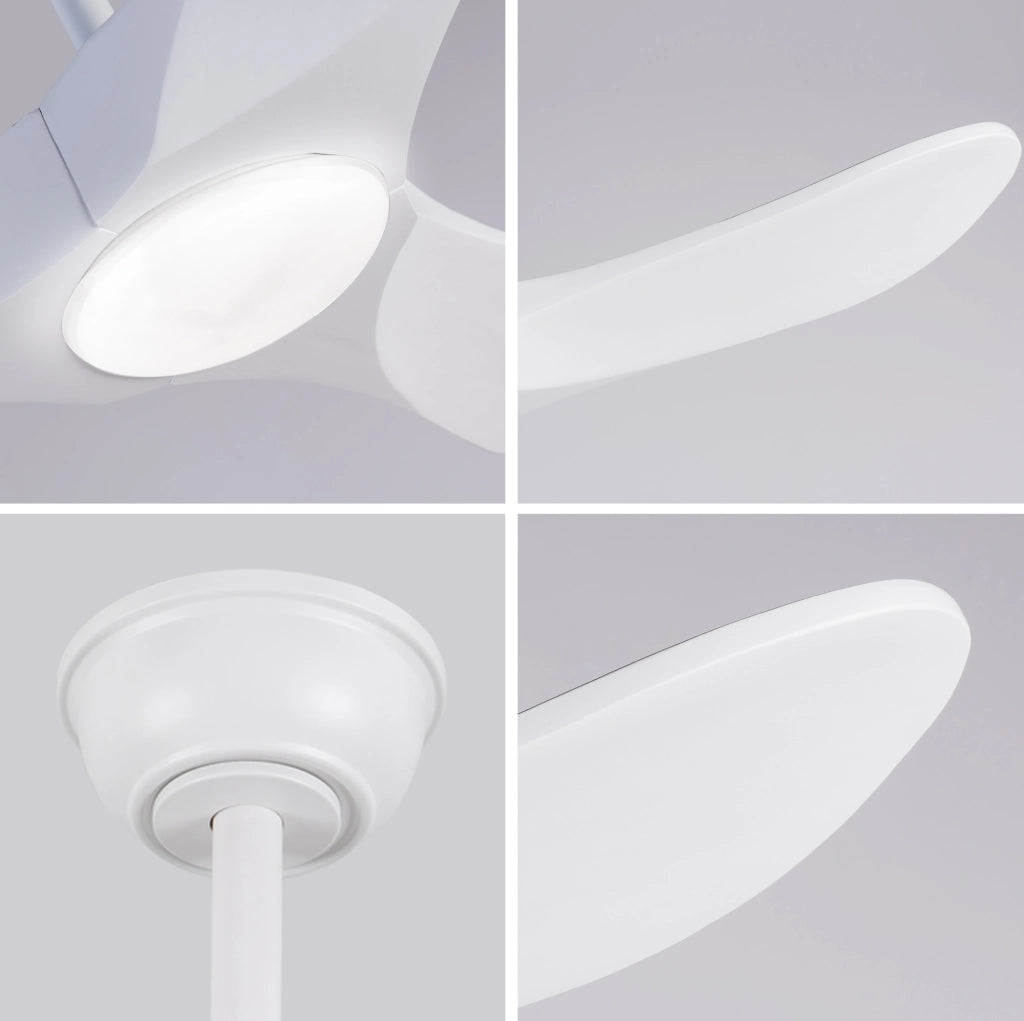 Ventilatore da soffitto 52 pollici con luce LED; 3 pale in legno massello bianco; telecomando