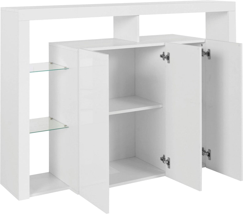 Credenza con 3 Ante e Ripiani in Vetro a Giorno 150x40x100 cm Essential 3A Bianco Lucido