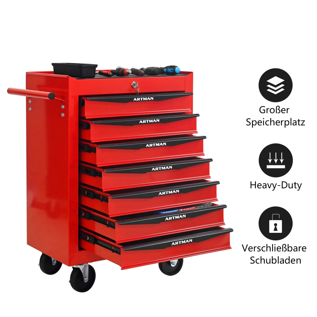 Carrello portautensili con 7 cassetti e chiusura, in acciaio, su ruote, per garage, rosso nero, 60 × 33 × 77,5 cm