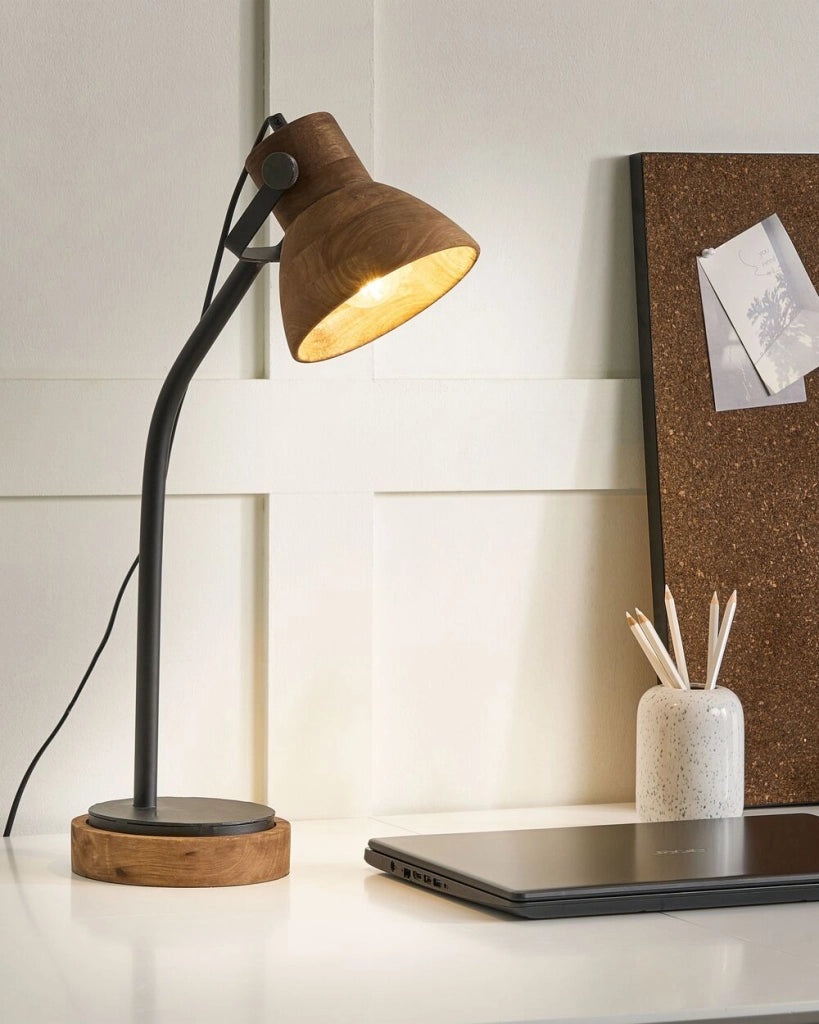 Lampada da scrivania in legno di mango scuro con base nera paralume in legno Design classico Illuminazione moderna per la casa