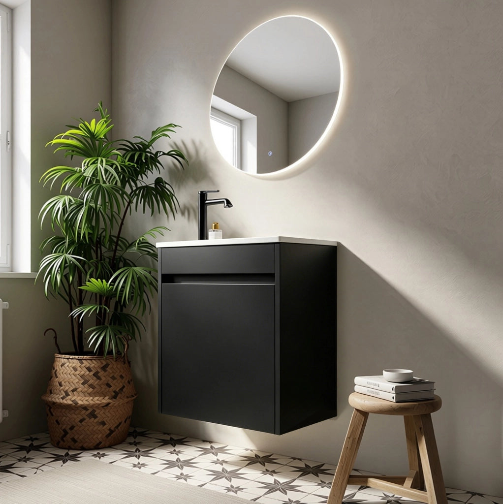 Mobile bagno nero compatto 46 cm con porta soft-close per chiusura silenziosa
