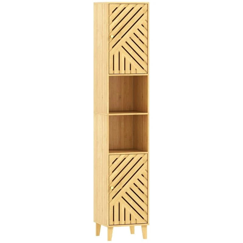 MOBILE COLONNA BAGNO CON 2 ARMADIETTI E 2 RIPIANI CON SCAFFALE REGOLABILE, IN BAMB¨ E TRUCIOLATO, 32X30X170 CM
