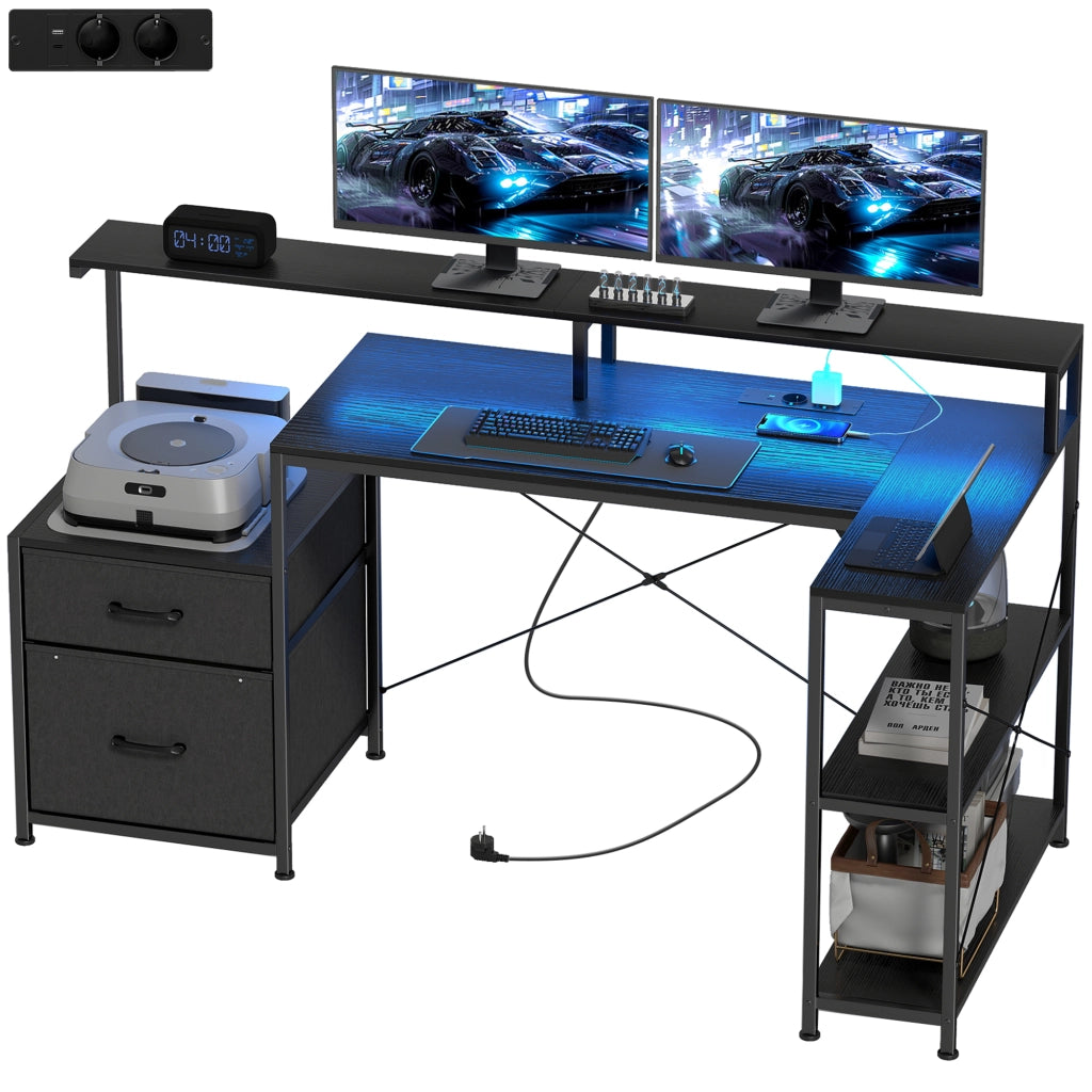 Scrivania Gaming con Supporti Monitor e Cassetti ¨C Minimal ¨C Nero, Legno, Acciaio, 165x80x91.5 cm