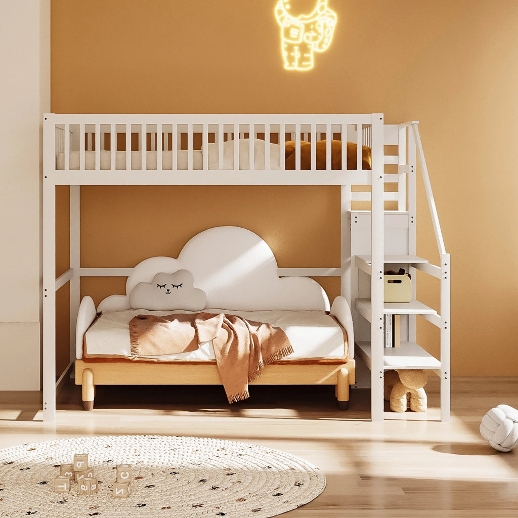 Letto a castello bianco in legno con scala e ripiano portaoggetti 140x200 cm