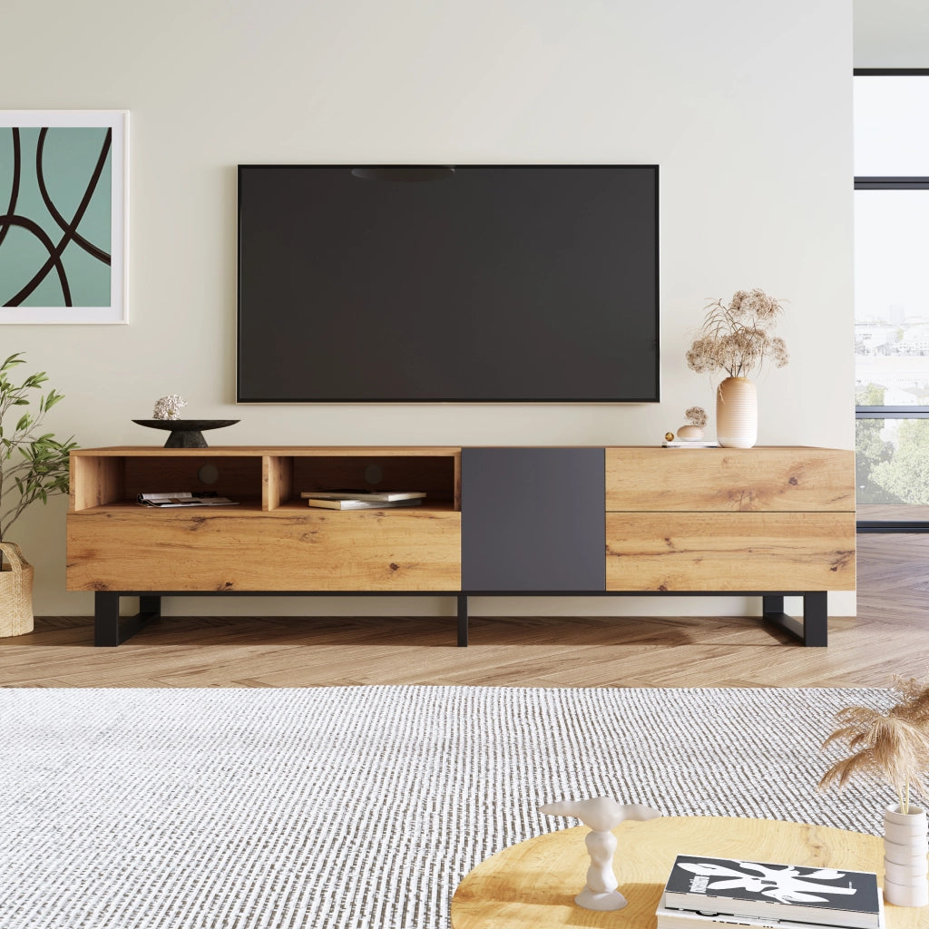 Mobile TV 180 cm con 1 anta, 2 cassetti e 2 vani contenitore, stile moderno, per soggiorno, in MDF, nero