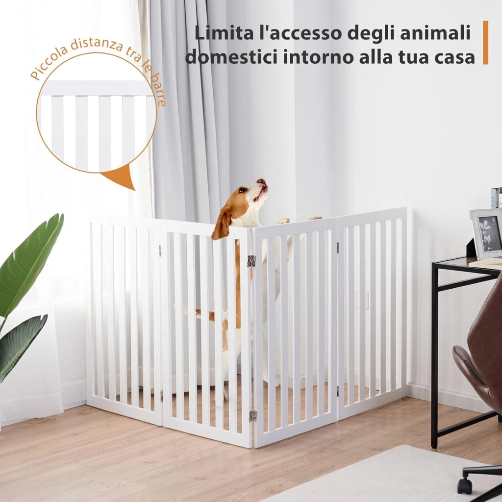 Cancelletto per Cani Pieghevole in Legno con 4 Ante, Ideale per Scale, Soggiorno e Cucina, 89 x 200 cm, Bianco