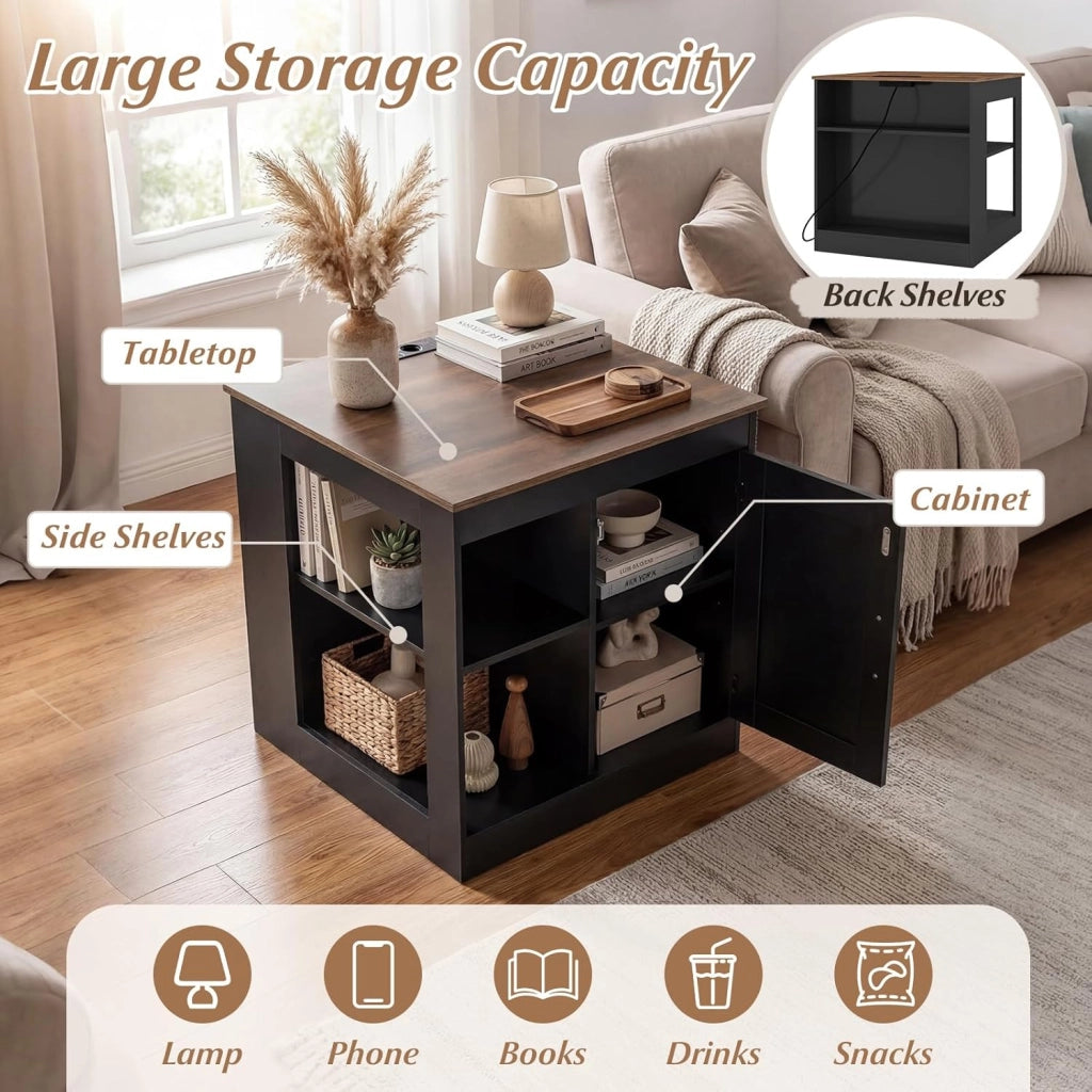 Tavolino ausiliario con stazione di ricarica, comodino con armadio e 2 ripiani aperti, ripiano inferiore regolabile, 60 x 60 x 61 cm, mobile organizer per soggiorno, camera da letto (nero) +