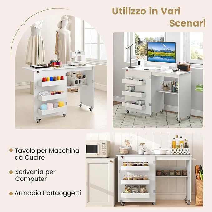 Tavolo da Cucito Pieghevole, Mobile per Macchina da Cucire con Ripiano Portaoggetti, 3 Scomparti Nascosti e Ruote Bloccabili, Mobile Multiuso per Piccoli Spazi (Bianco, 118,5 x 40 x 79,5 cm)