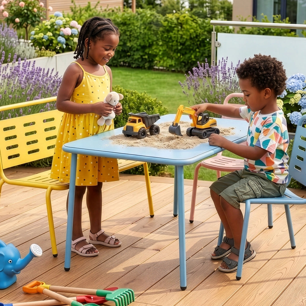 Set di 4 Mobili Etroubles per Bambini Tavolino Panca e 2 Sedie per Esterno e Interno - Giallo/Celeste/Pesca casa.pro