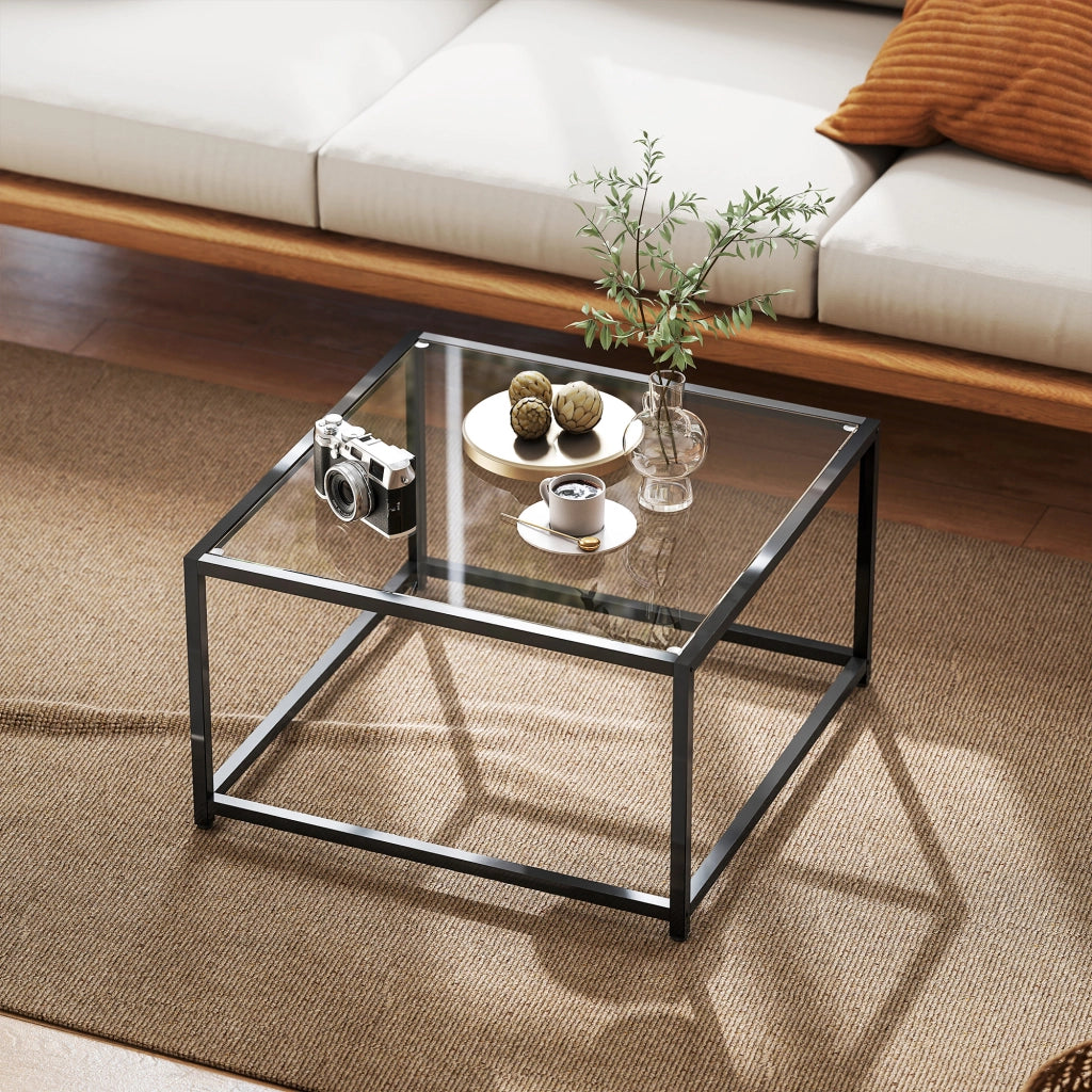 Tavolino quadrato con piano in vetro temperato e gambe in acciaio ¨C zephmum ¨C Nero 68x68x39 cm