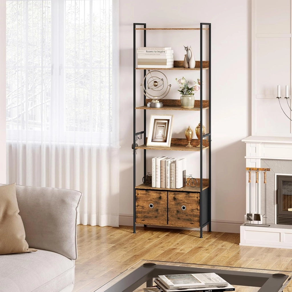 Libreria a 5 Piani con 2 Cassetti, Scaffale di Stoccaggio a Pavimento, Industriale, Struttura in Acciaio, Soggiorno/Ufficio/Studio/Cucina/Camera da Letto, Marrone Rustico+Nero, RGB62vbn
