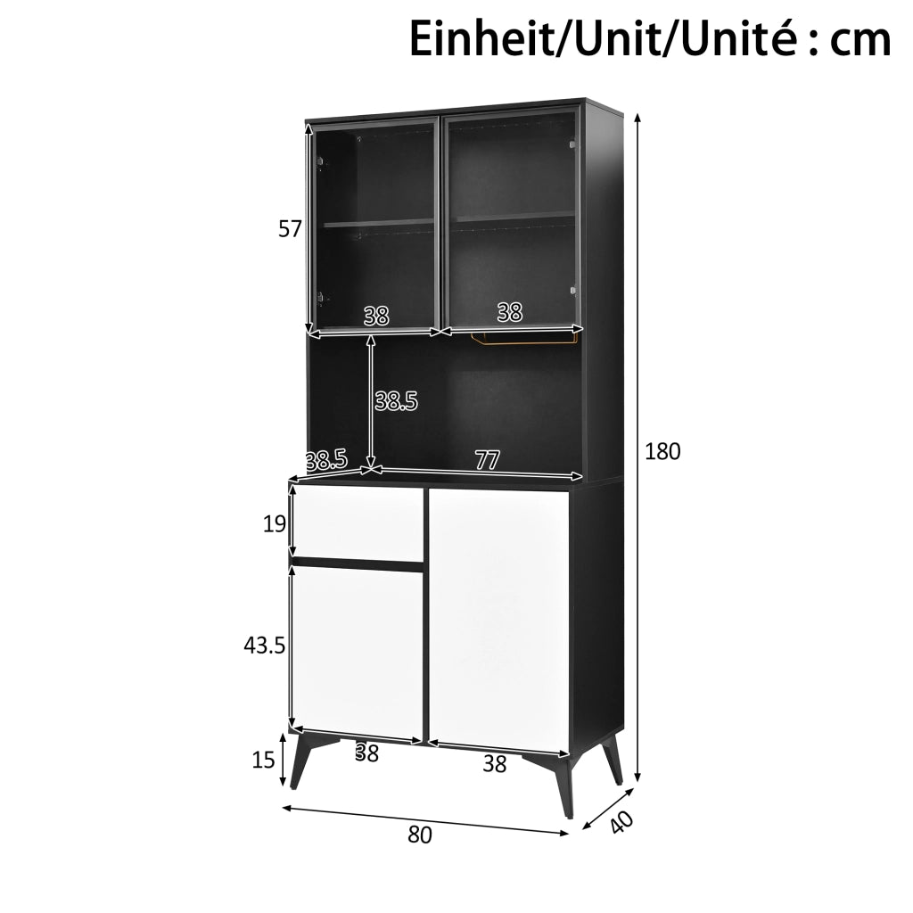 Credenza alta con 2 ante in vetro, LED da app, 1 cassetto e 2 vani, per cucina e soggiorno, MDF, nero e bianco