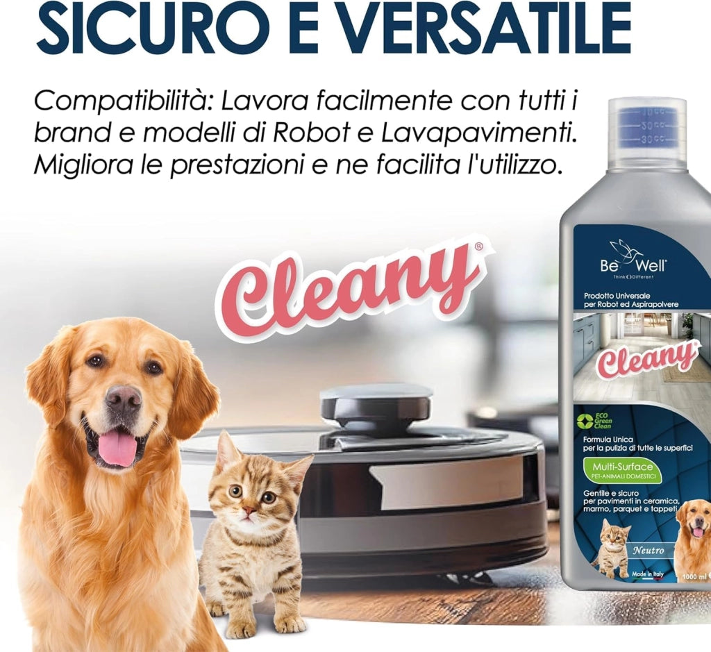 CLEANY Detergente Concentrato per Robot Lavapavimenti e Aspirazione con Igienizzante Multisurface 1000ml pulizia senza aloni e sostenibile Adatto a tutti i Robot (SENZA PROFUMO)