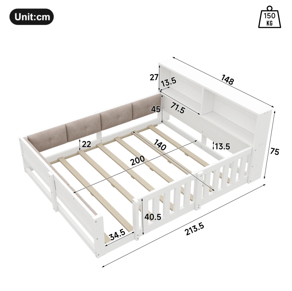 Letto per bambini 140x200 cm con sponde; LED e testiera con contenitore; bianco