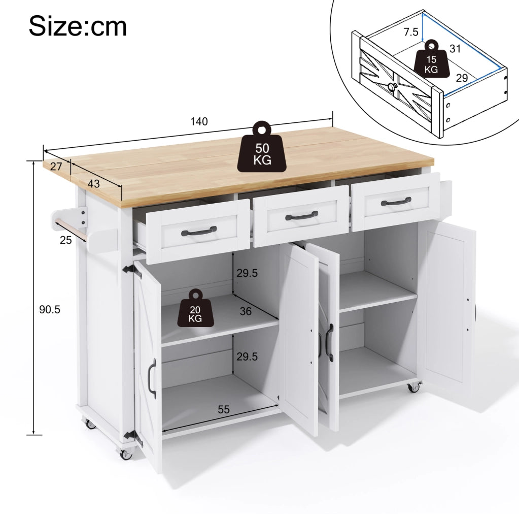 Isola da cucina con piano ribaltabile 140x43(70)x90;5 cm in MDF bianco e naturale