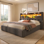 DESMIU Lit coffre 140 × 200 cm 2 posti con LED, USB e Type-C, senza materasso, in lino, grigio