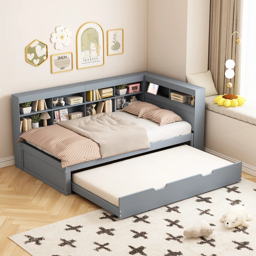 OKWISH Letto a Divanetto 90×200 cm, Letto Singolo con Letto Estraibile 90×190 cm, USB, Vani Contenitore e Mensole, senza Materasso, Grigio