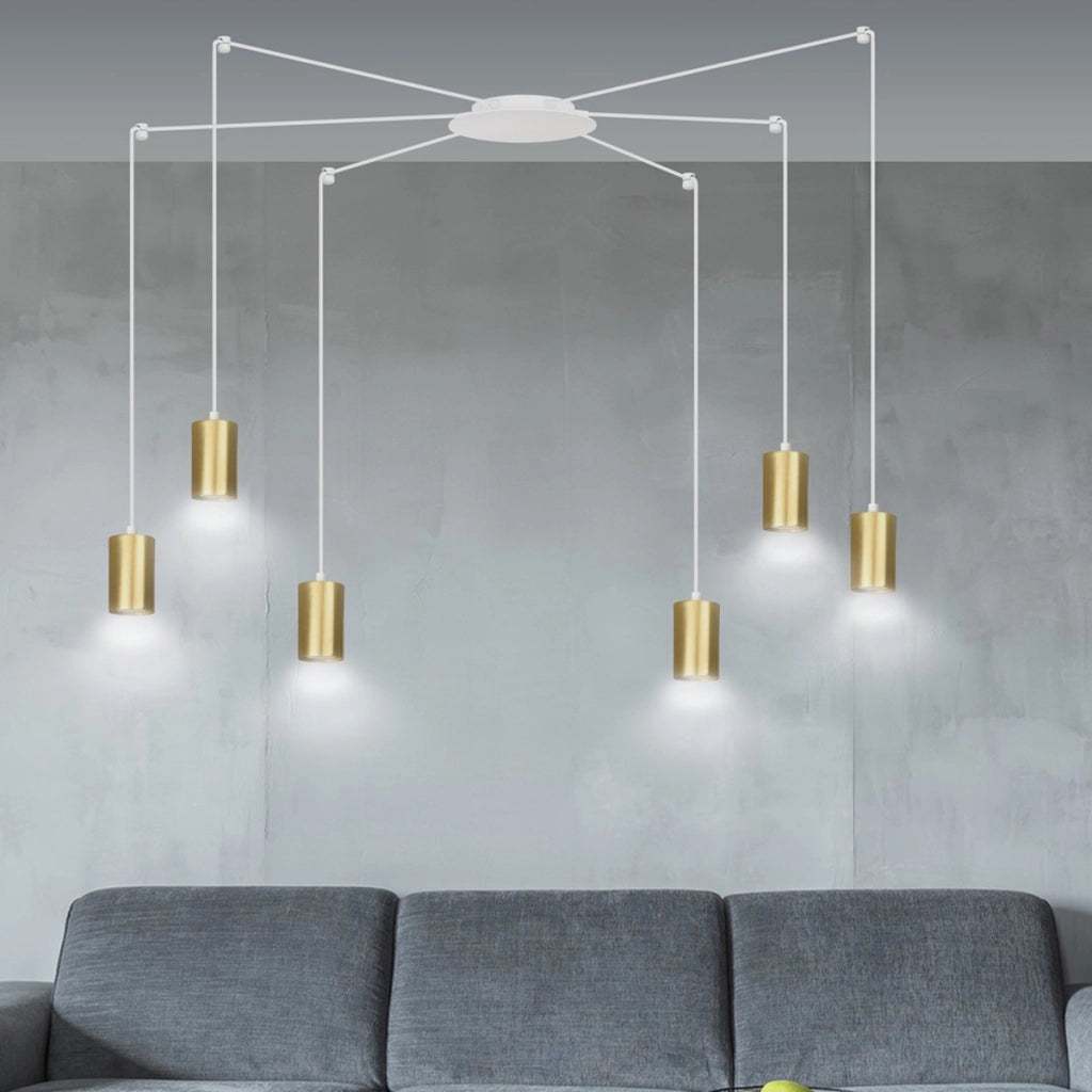 Lampada a sospensione TRAKER con diffusori oro e struttura bianca