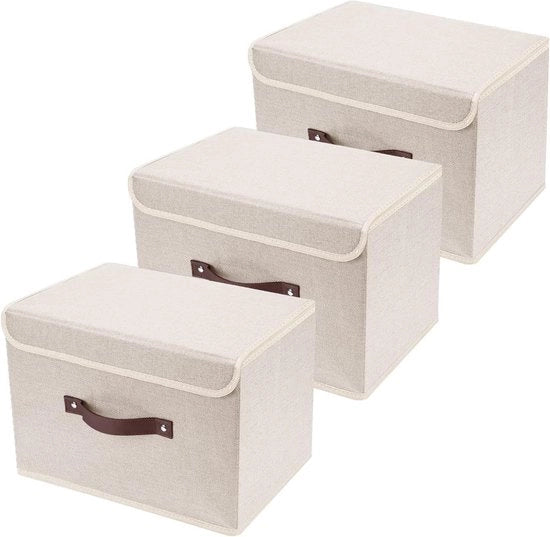 Scatola di Stoccaggio con Copertura - Materiale Lavabile - Set di Cassetti di Stoccaggio - 38x25x25 cm - Scatola trasparente beige