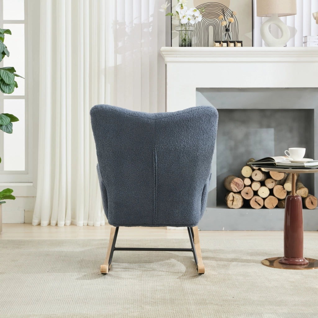 Poltrona a dondolo ergonomica con schienale avvolgente e tasca laterale per interni in tessuto teddy blu navy