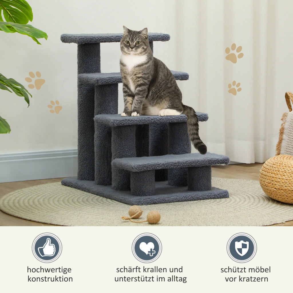 Tiragraffi per gatti a 4 livelli per salire e scendere in truciolato e peluche grigio 63,5 × 43 × 60 cm