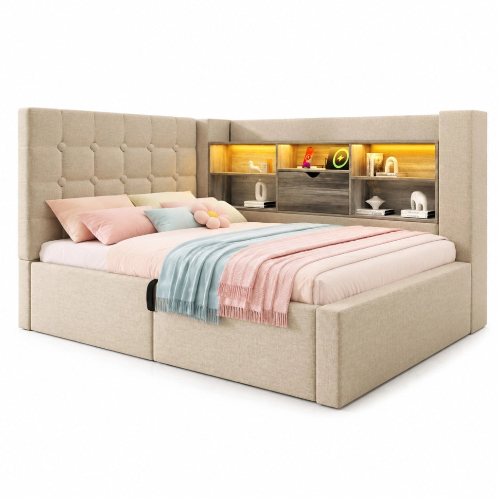Letto singolo 90x200 cm con LED, contenitore idraulico, testiera L reversibile e porte USB, Beige
