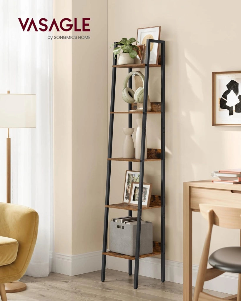 VASAGLE Scaffale a scala a 5 livelli, mobile portaoggetti su piedistalla, scrivania, soggiorno, camera da letto, cucina, stile industriale, marrone rustico e nero LLS109B01